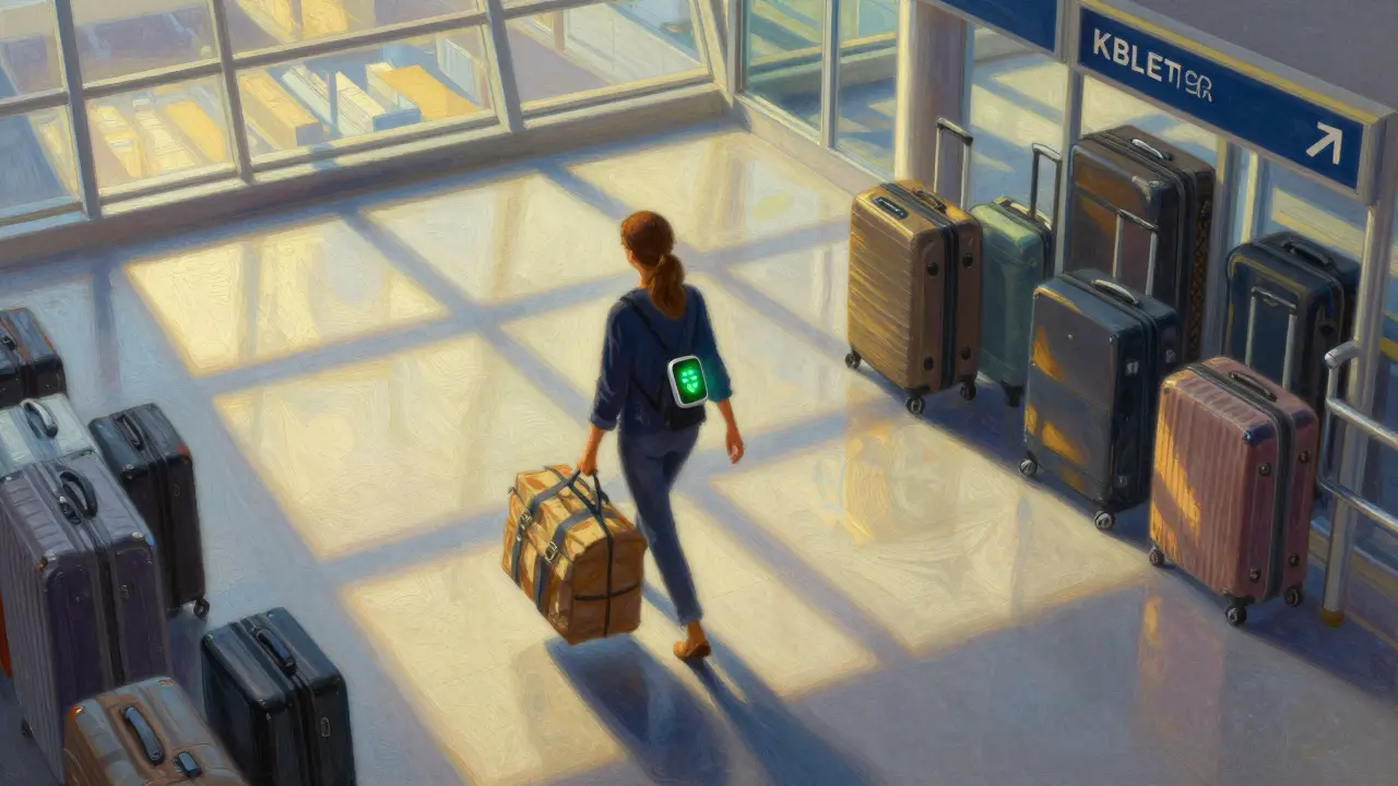 A traveler carrying medication in a carry-on bag at an airport, with a temperature monitor glowing green.