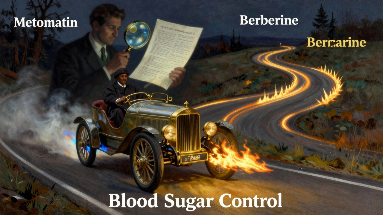 A vintage car with two engines—one failing, one overworking—on a road representing blood sugar control.