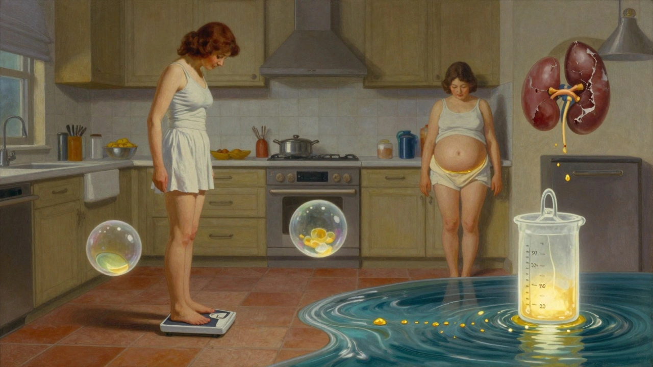 A woman weighing herself as floating orbs of fluid swell her body, with a glowing urine jug spilling golden protein.