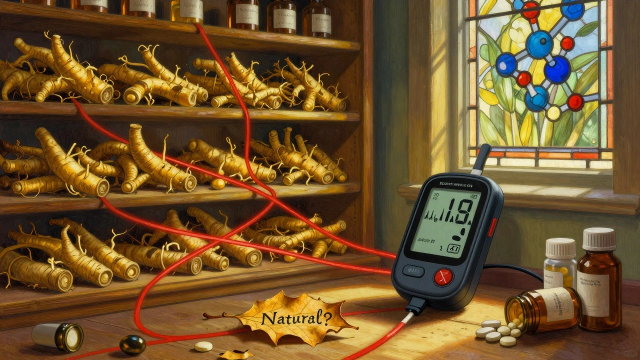 An apothecary shelf of goldenseal with hidden warning lines leading to a fluctuating glucose monitor.