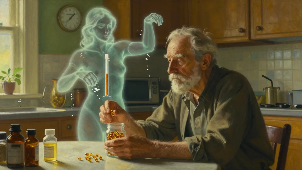 An elderly man holding licorice capsules as a spectral cortisol-aldosterone figure pulls salt and water from his body toward a rising blood pressure gauge.