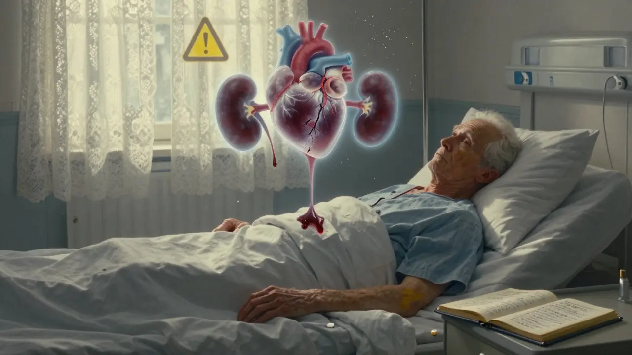 An elderly patient in bed with floating, damaged organs above them, bathed in dawn light and surrounded by symptom notes.