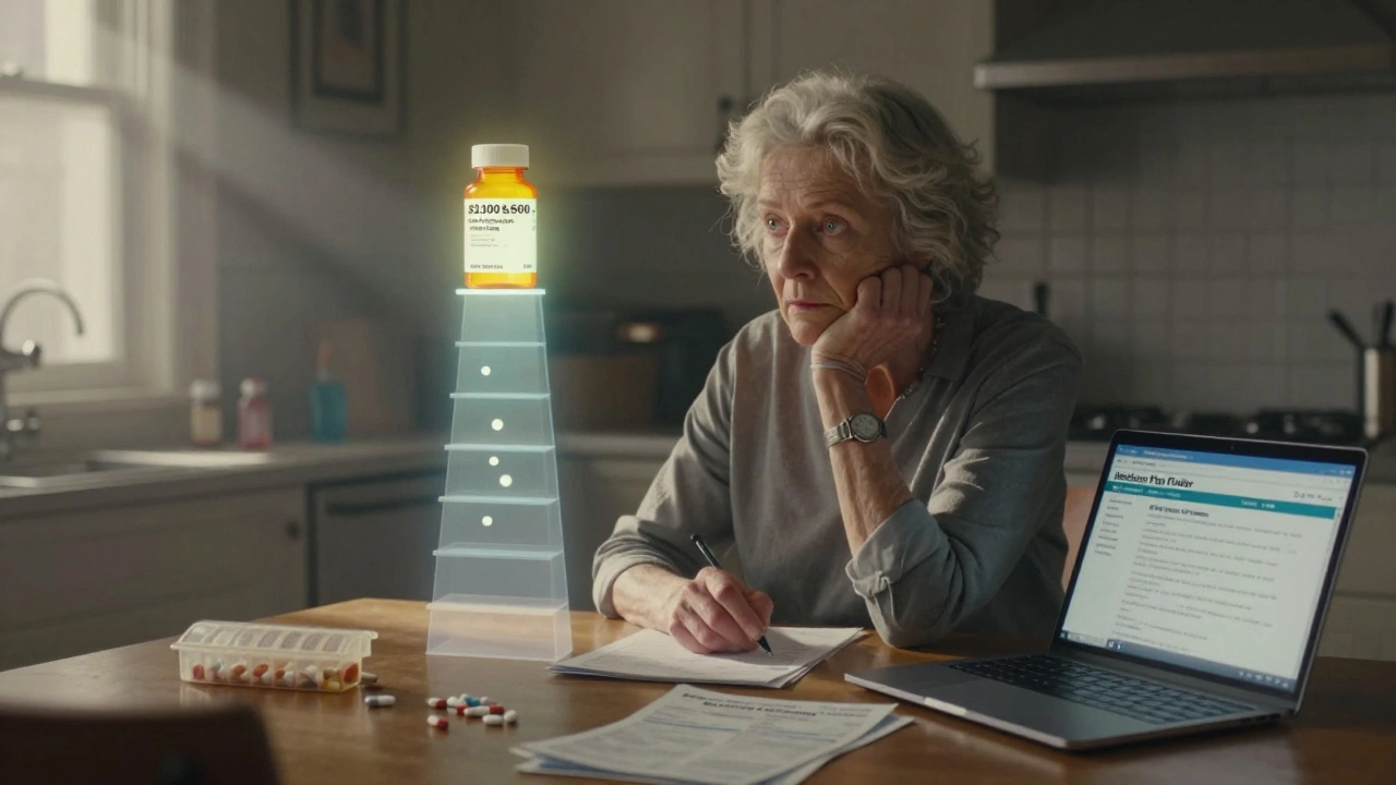 An older woman at a kitchen table reviewing drug plans and bills under soft morning light, with tiered drug levels glowing behind her.