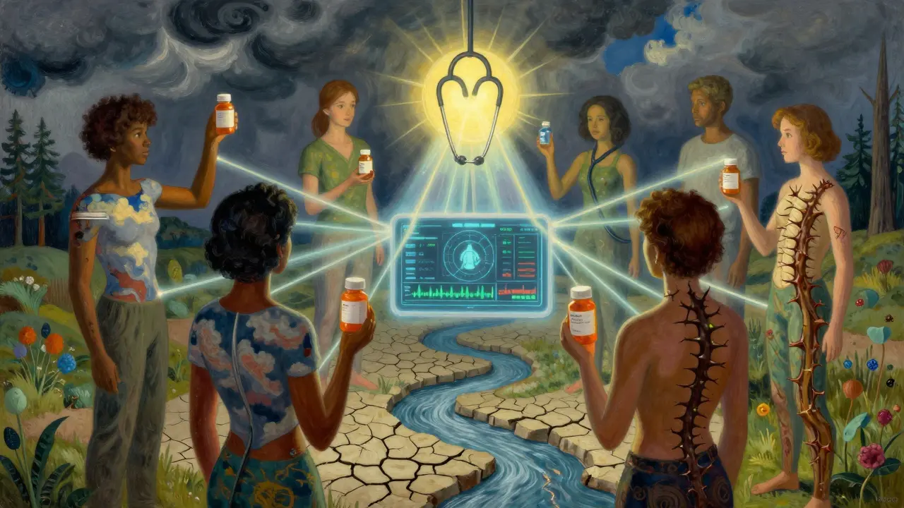 Diverse individuals with body landscapes transformed by medication risks, connected by a glowing stethoscope and AI dashboard.