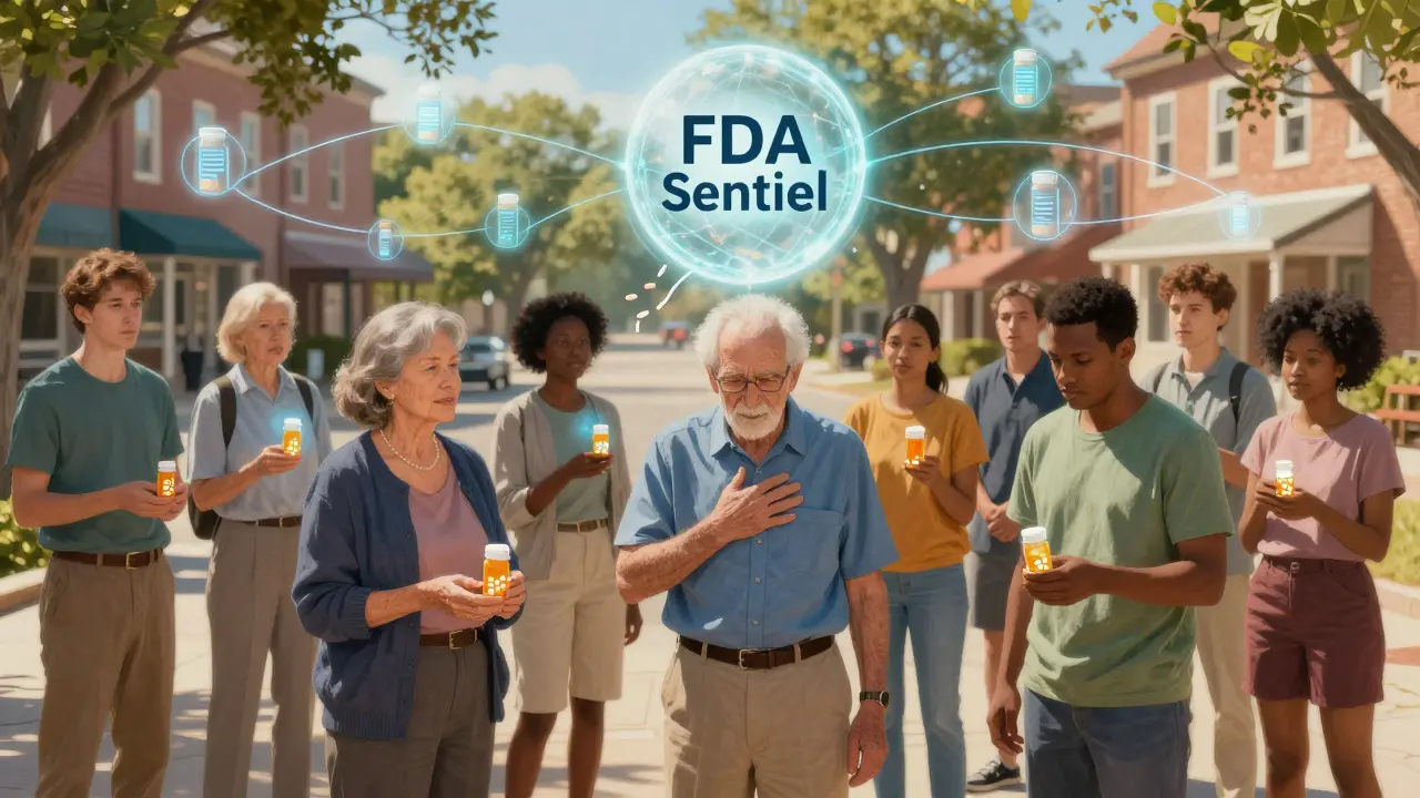 Diverse patients in a sunlit square connected by digital threads to a central FDA monitoring orb.