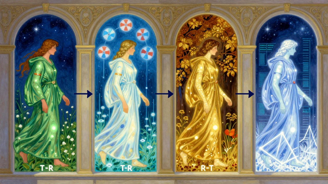 Four figures move through seasons representing a crossover trial sequence with glowing symbols of drug phases.