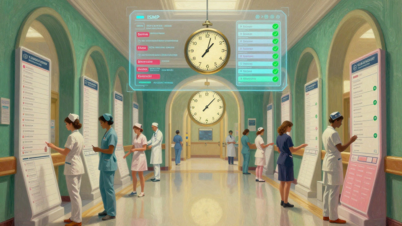 Healthcare workers move through a glowing corridor where AI-guidelines dissolve dangerous drug labels into safety checkmarks.