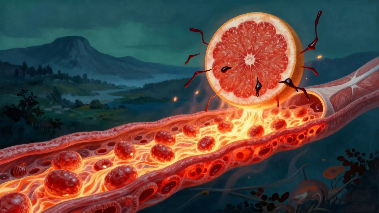 Microscopic view of muscle damage from statin-grapefruit interaction, with glowing myoglobin and dark energy waves.