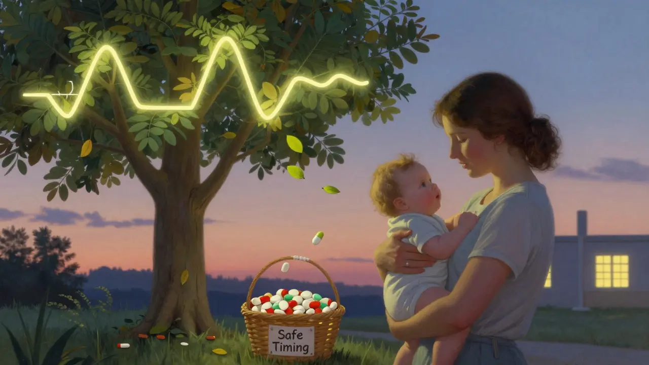 Mother and baby beside a tree with pharmacokinetic branches, medicinal leaves falling into a basket.