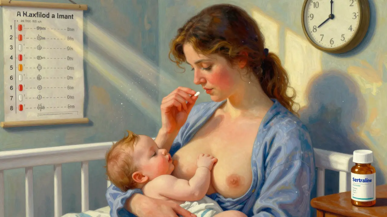 Mother taking medication just before breastfeeding in sunlit nursery with drug chart on wall.