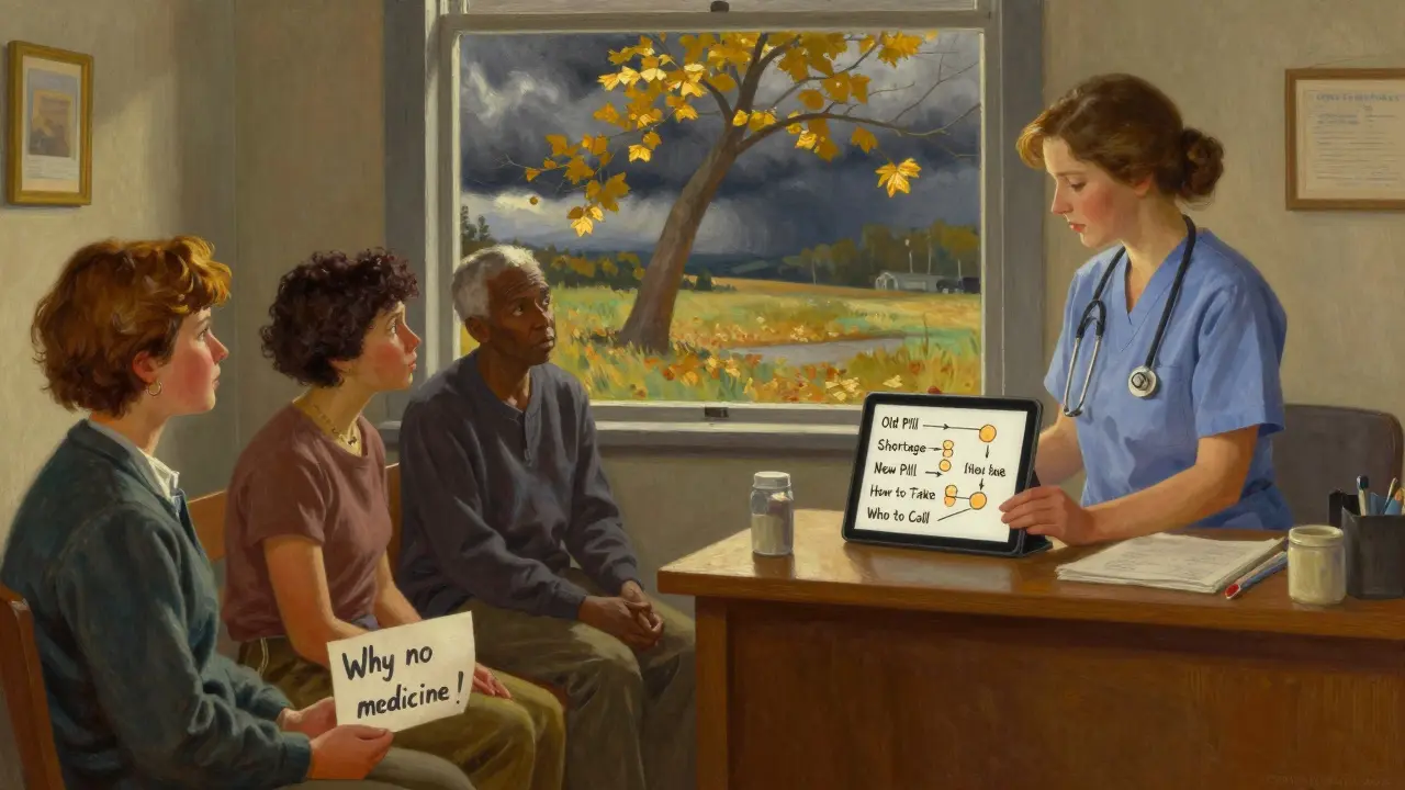 Nurse explains a drug shortage using an illustrated flowchart in a rural clinic, with sunlight streaming through the window.