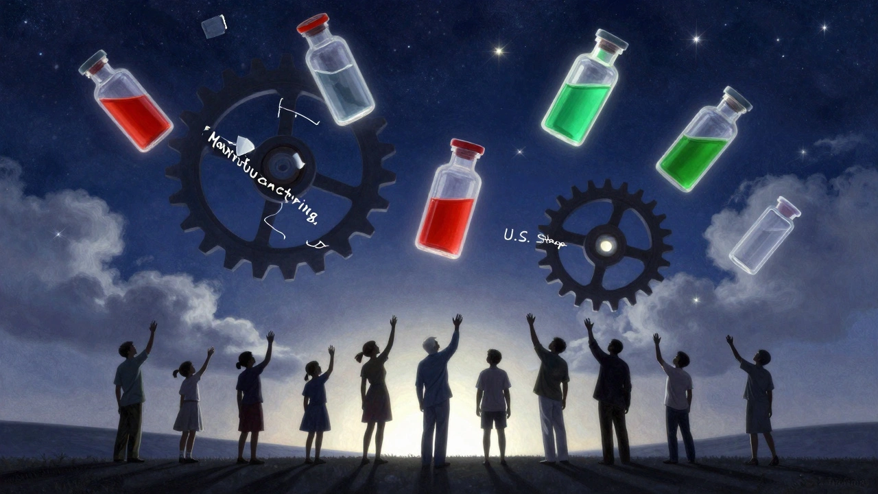 Patients reach toward floating medicine bottles in a starry sky, while a broken manufacturing gear spins above.