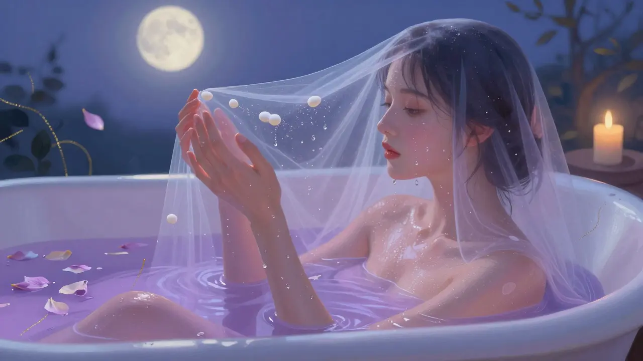 Person soaking in a luminous bath, with delicate ceramide molecules forming a protective barrier above damp skin.
