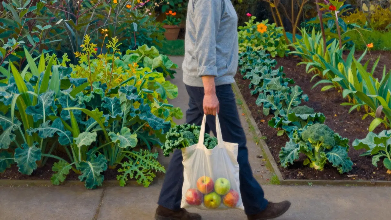 Person walking with grocery bag through a garden showing two paths: chaotic vs. orderly greens.