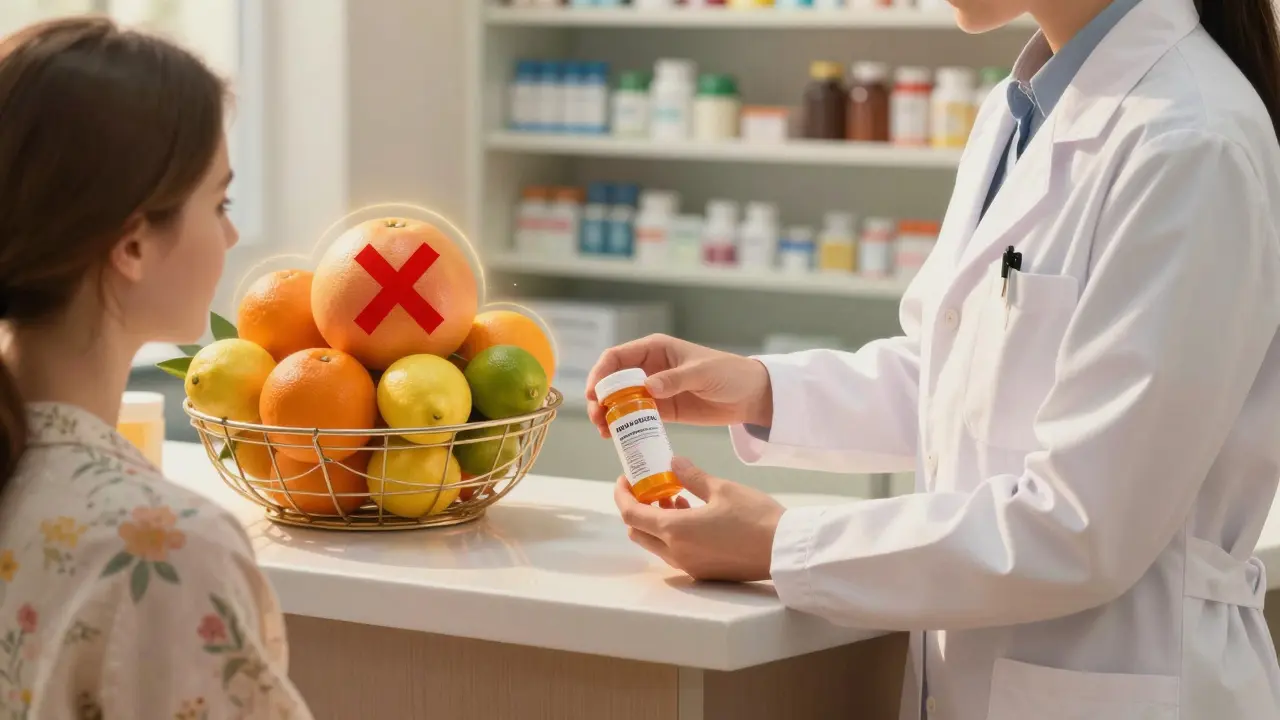 Pharmacist handing a patient safe statin medication, with citrus fruits labeled safe or dangerous in a glowing basket.