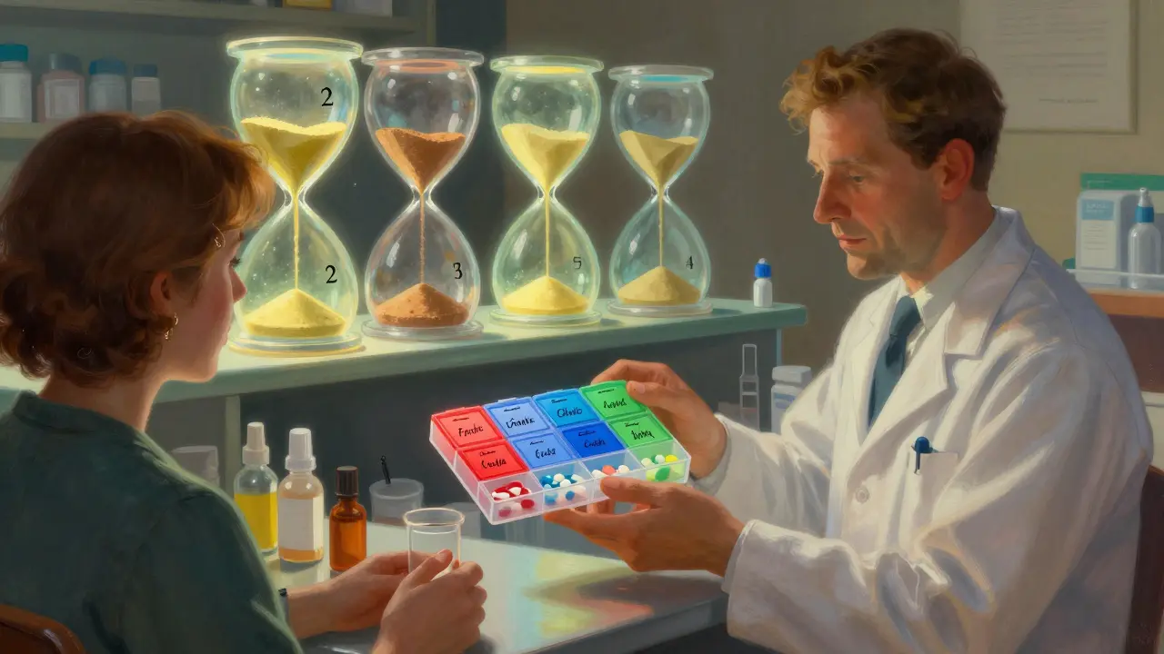 Pharmacist handing color-coded pill organizer with floating hourglasses marking 2-4 hour intervals.