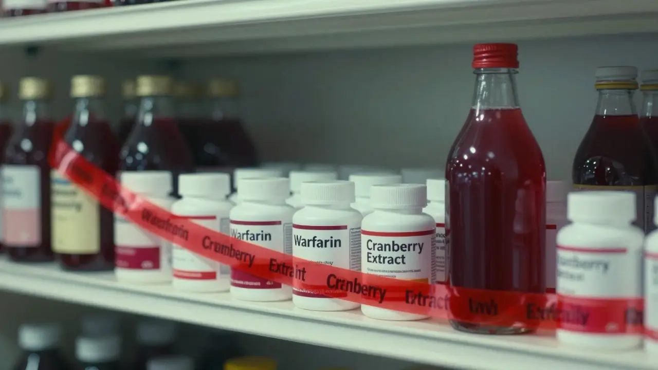 Pharmacy shelf with cranberry juice and warfarin pills, warning ribbon on supplements only.