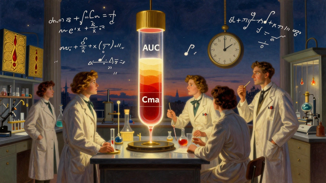 Scientists observe a glowing blood sample with floating statistical equations in a celestial laboratory.