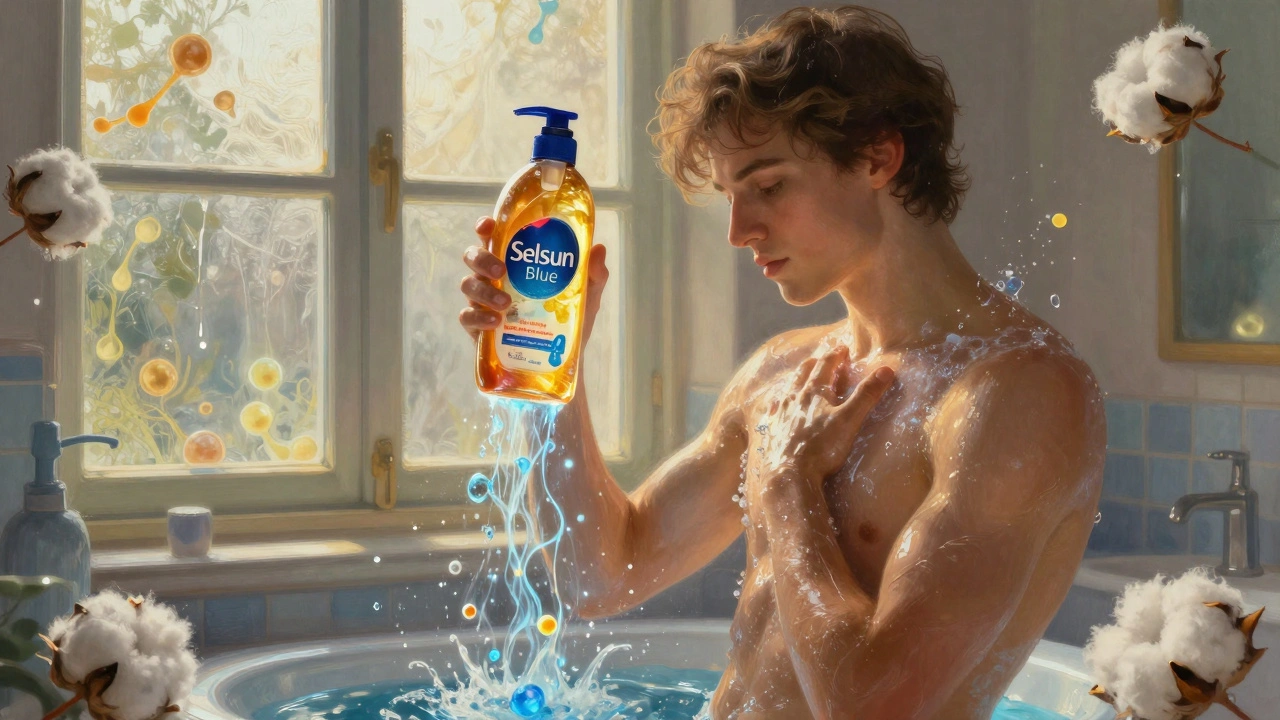 Someone applying antifungal shampoo in a sunlit bathroom, with yeast cells dissolving in shimmering water.