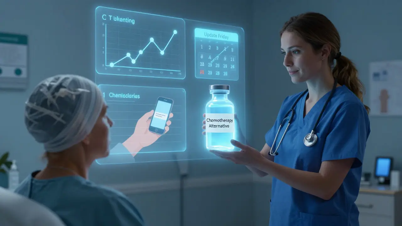 Specialist guides a cancer patient through a treatment change with glowing visual aids and a calm, reassuring presence.