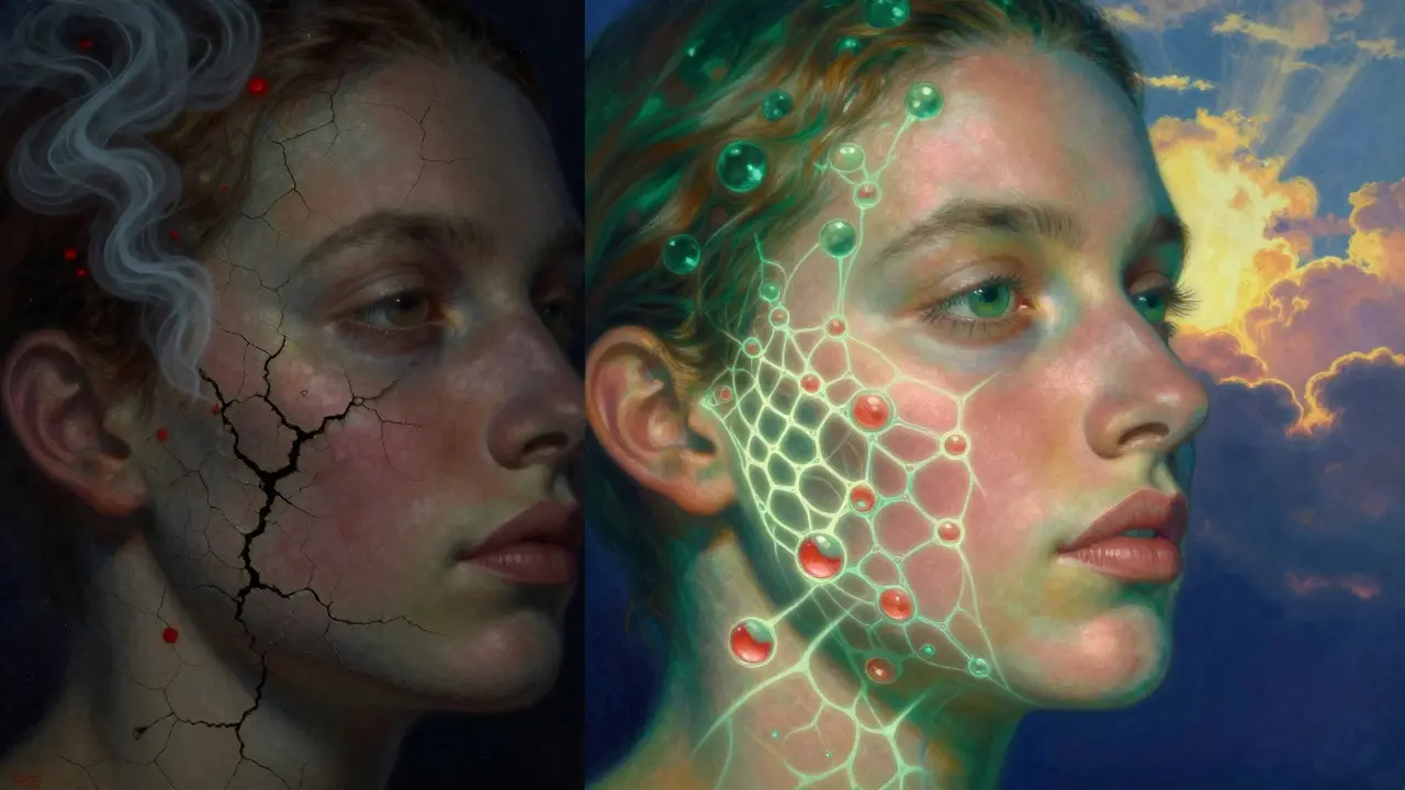 Split image: damaged skin on left, healed skin with glowing lipid lattice on right, bathed in dawn light.