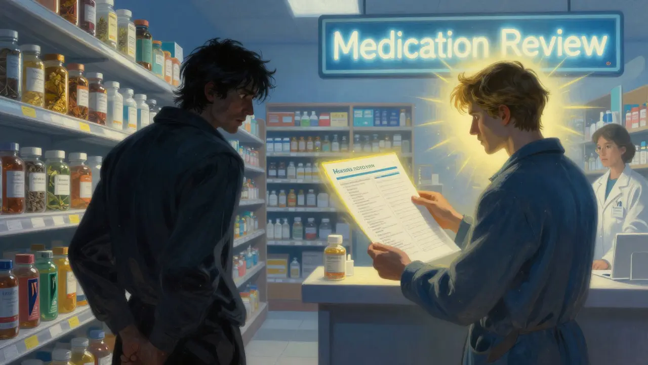 Split scene of hiding supplements vs. safely disclosing them in a pharmacy.