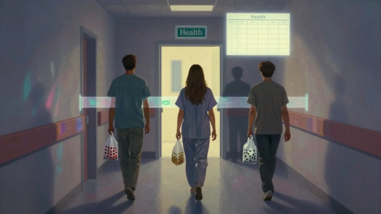 Three patients walking through hospital hallway with shimmering time barriers between their medications.