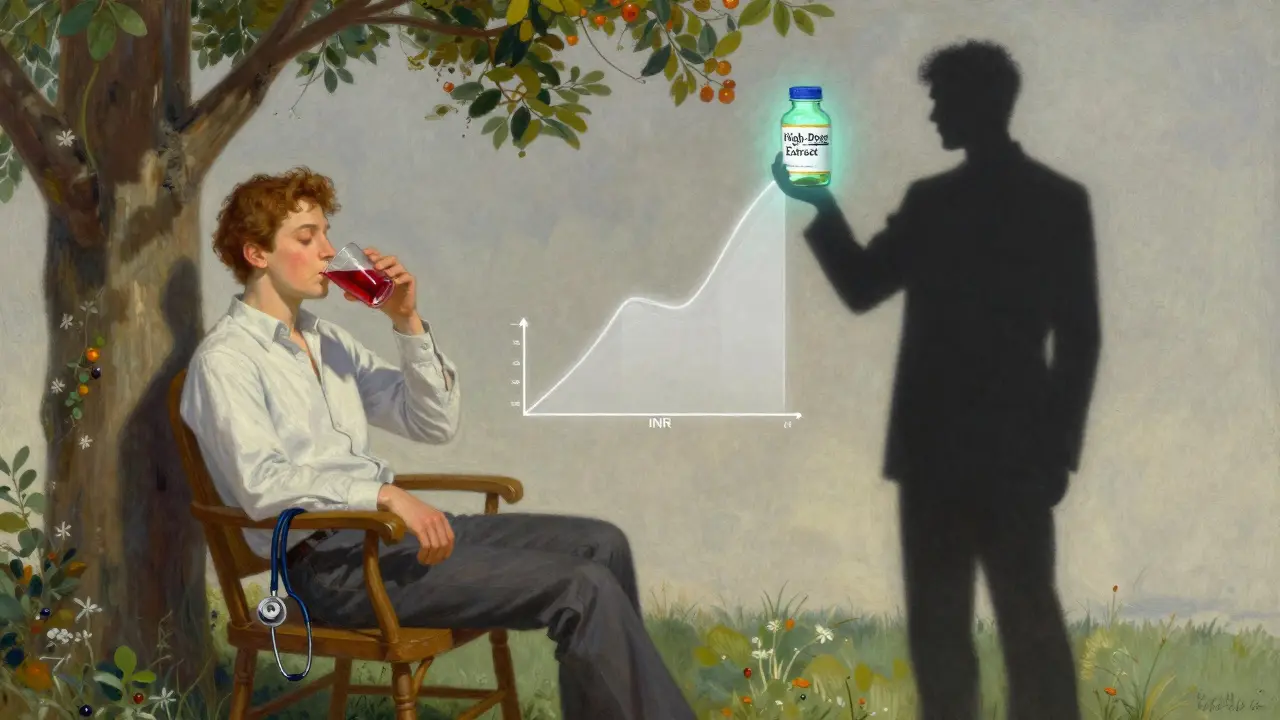 Two figures contrast: peaceful juice drinker vs. shadowed supplement holder with INR graph.