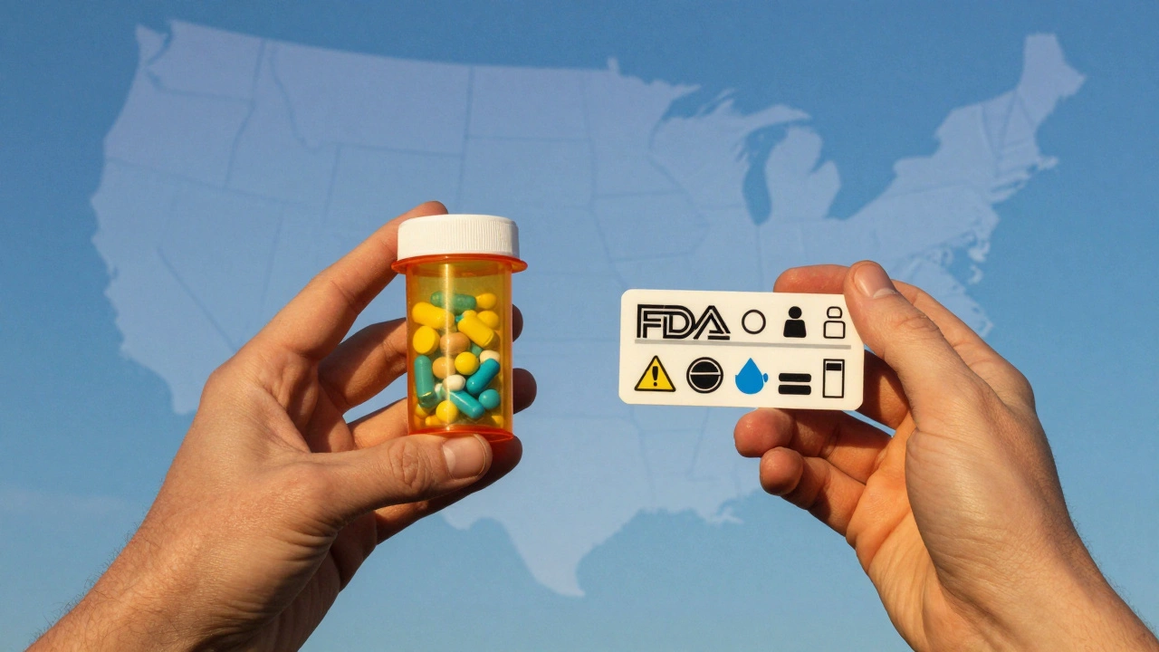 Two hands holding contrasting pill bottle labels—chaotic vs. standardized—under warm and cool lighting.