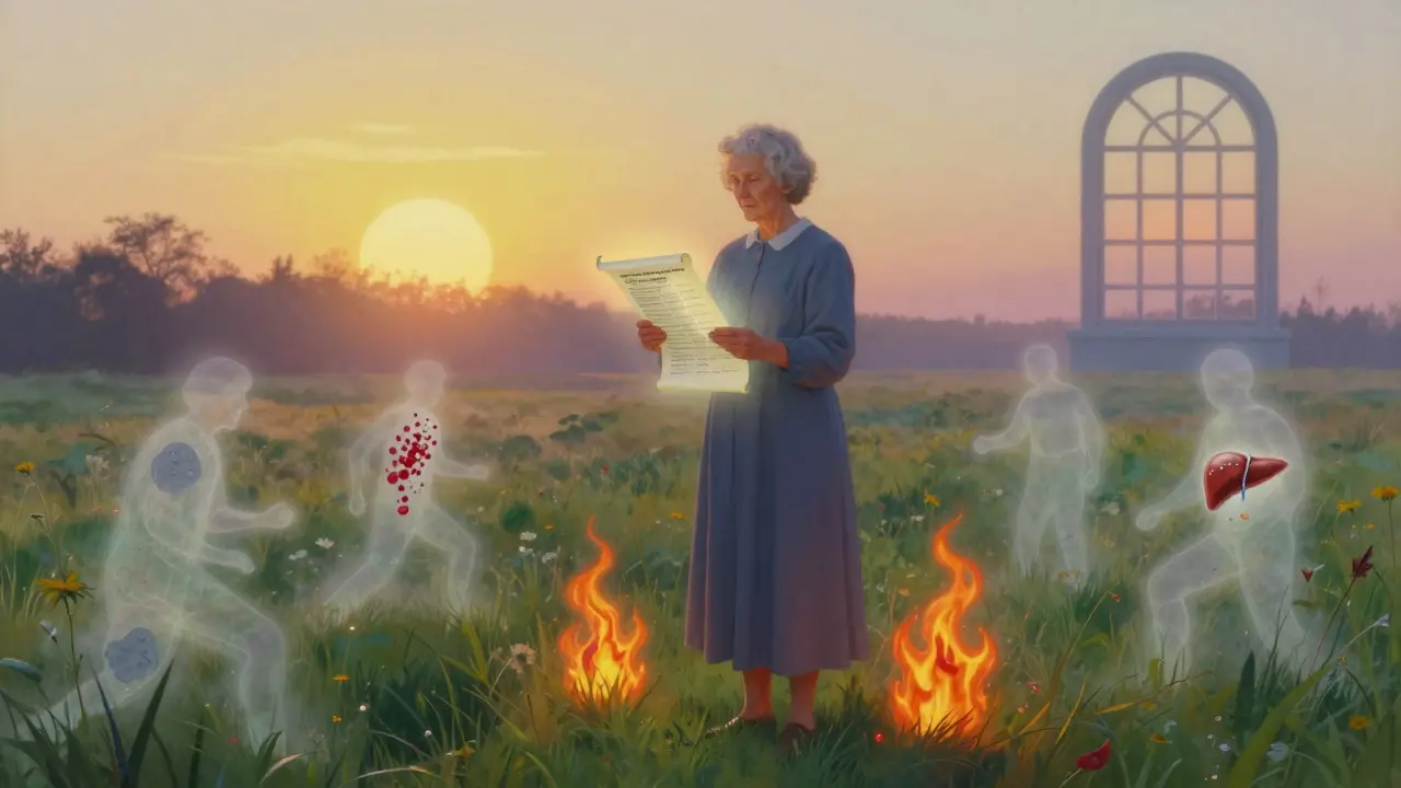 Woman in a meadow as dangerous interactions fade away, holding a glowing supplement list.