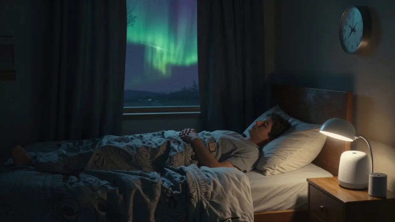 A bedroom at midday with blackout curtains, a light therapy lamp, and a person sleeping peacefully amid calm, cool light.