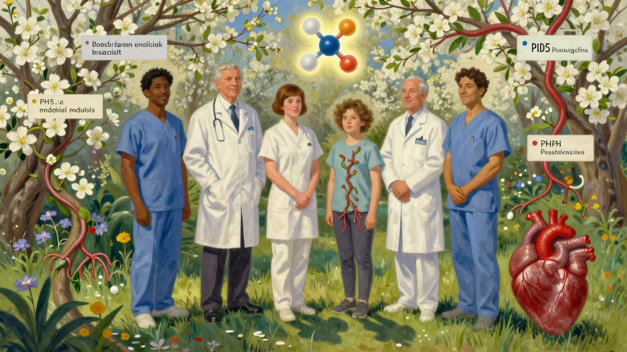 A care team in a sunlit garden with symbolic flowers representing PH drugs and a molecule reversing artery damage.