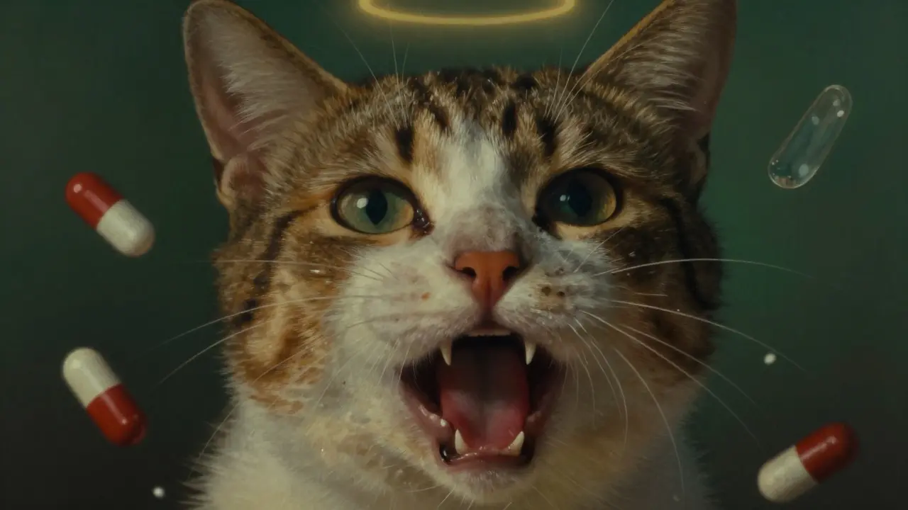 A cat's face shows brownish gums from acetaminophen poisoning, eyes wide with distress under soft, ethereal light.