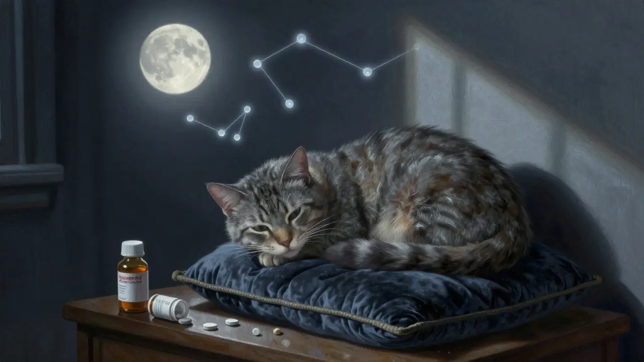 A cat lies on velvet with brown-tinged gums, ghostly pills hovering above a cluttered nightstand under moonlight.