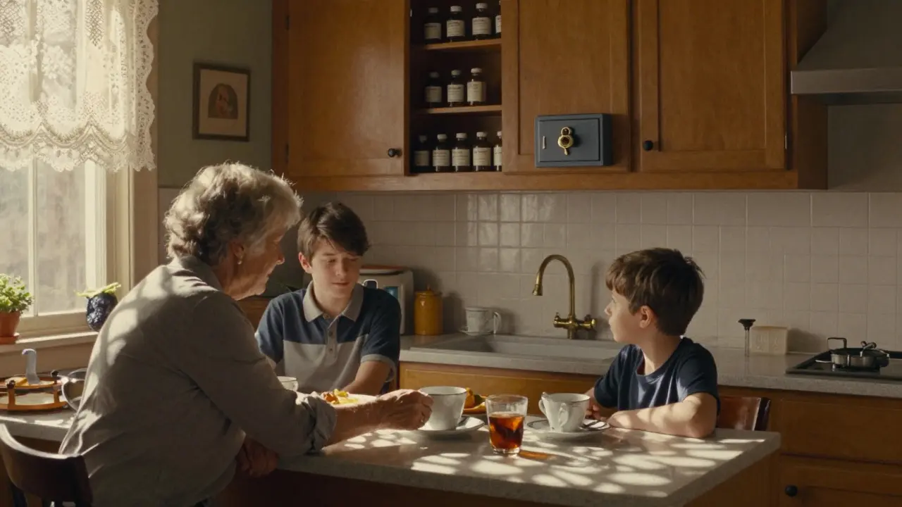 A family at breakfast with prescription bottles securely stored in a locked cabinet above the sink.