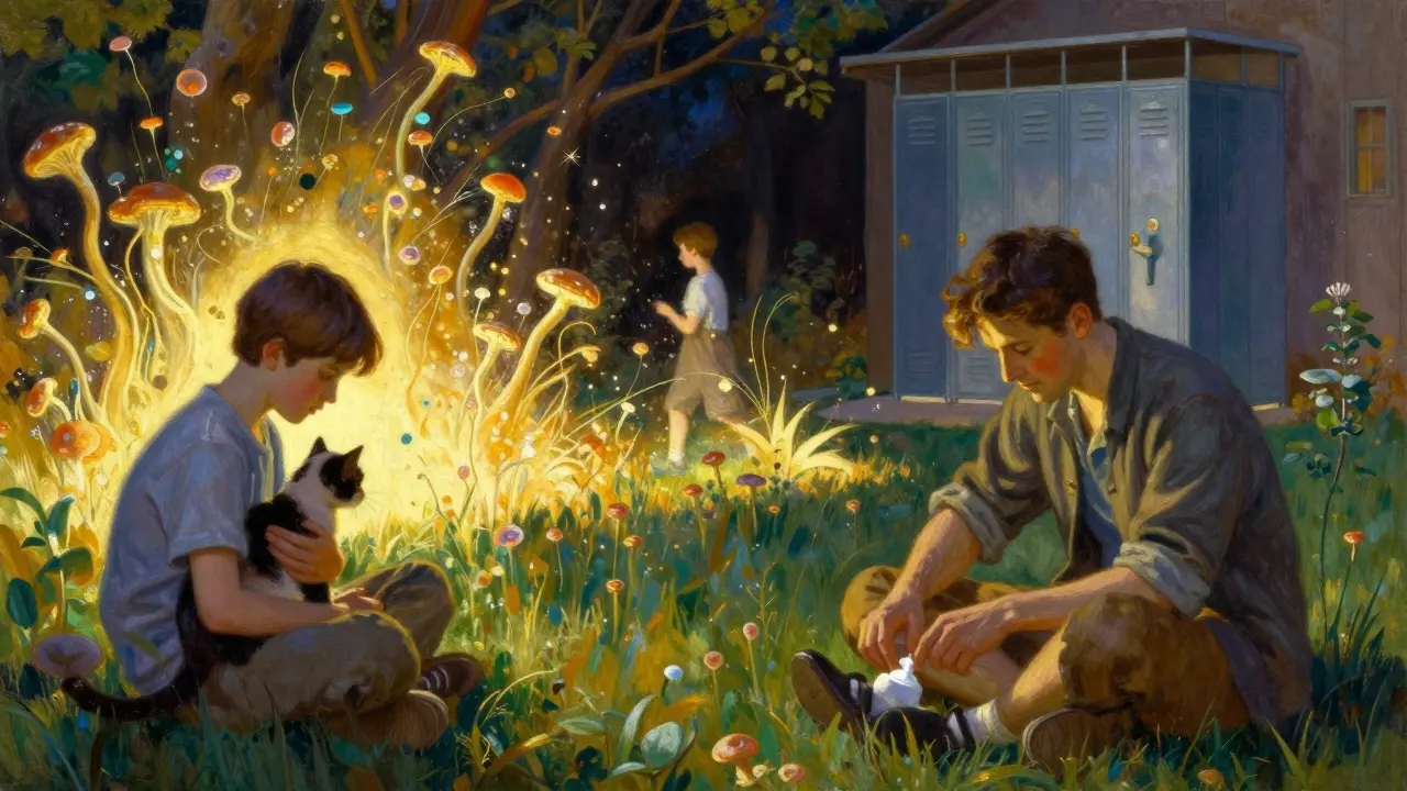 A family caring for a pet and child’s footwear, with golden light repelling fungal spores against a shadowed locker room.