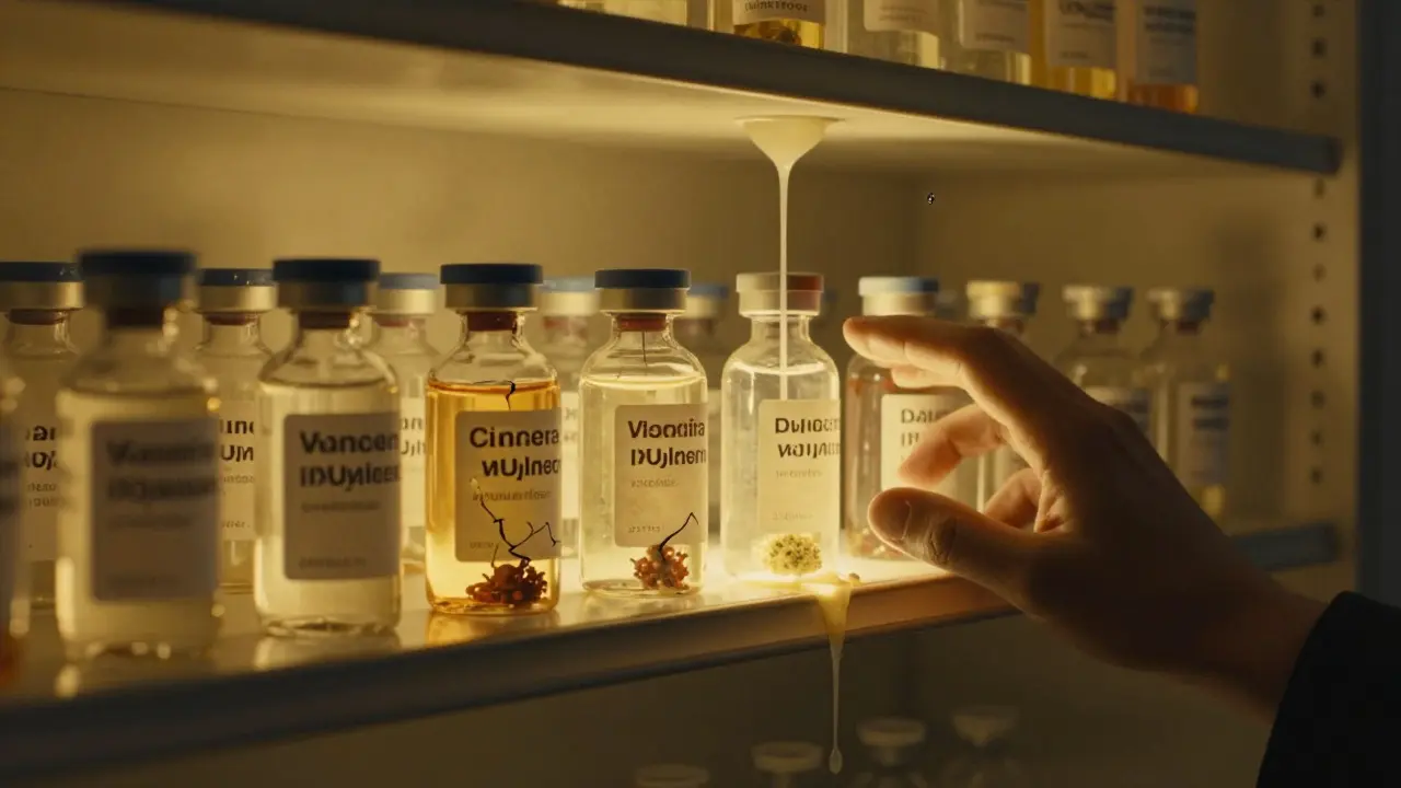A glowing pharmacy shelf with contaminated medicine vials leaking harmful substances.