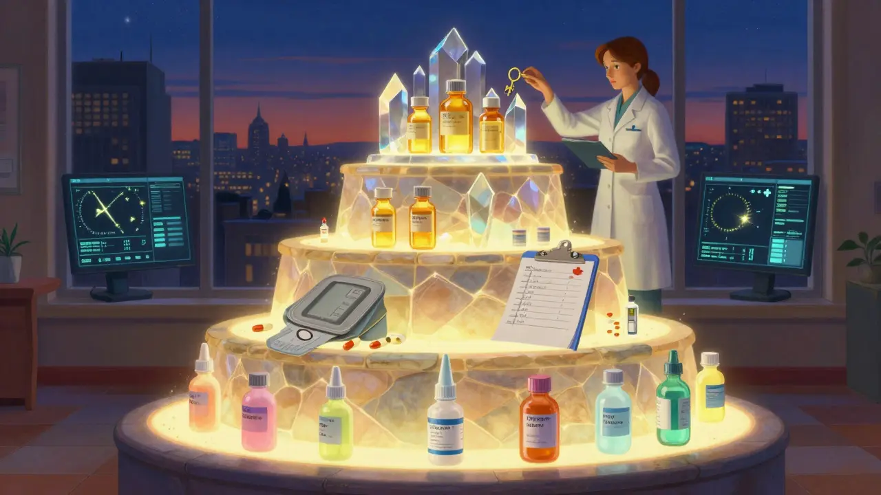 A glowing three-tiered staircase represents low, medium, and high-risk medication refills.