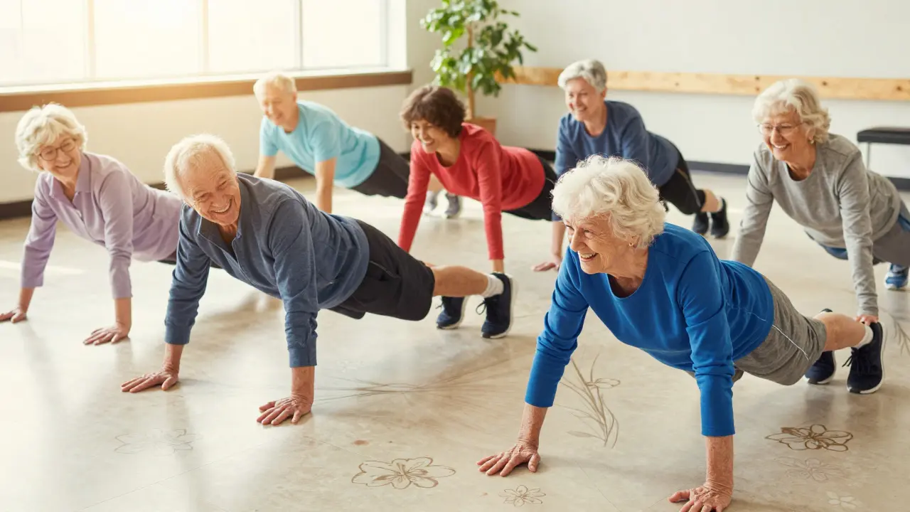 A group of seniors exercising together in a cheerful community class, smiling and supported.