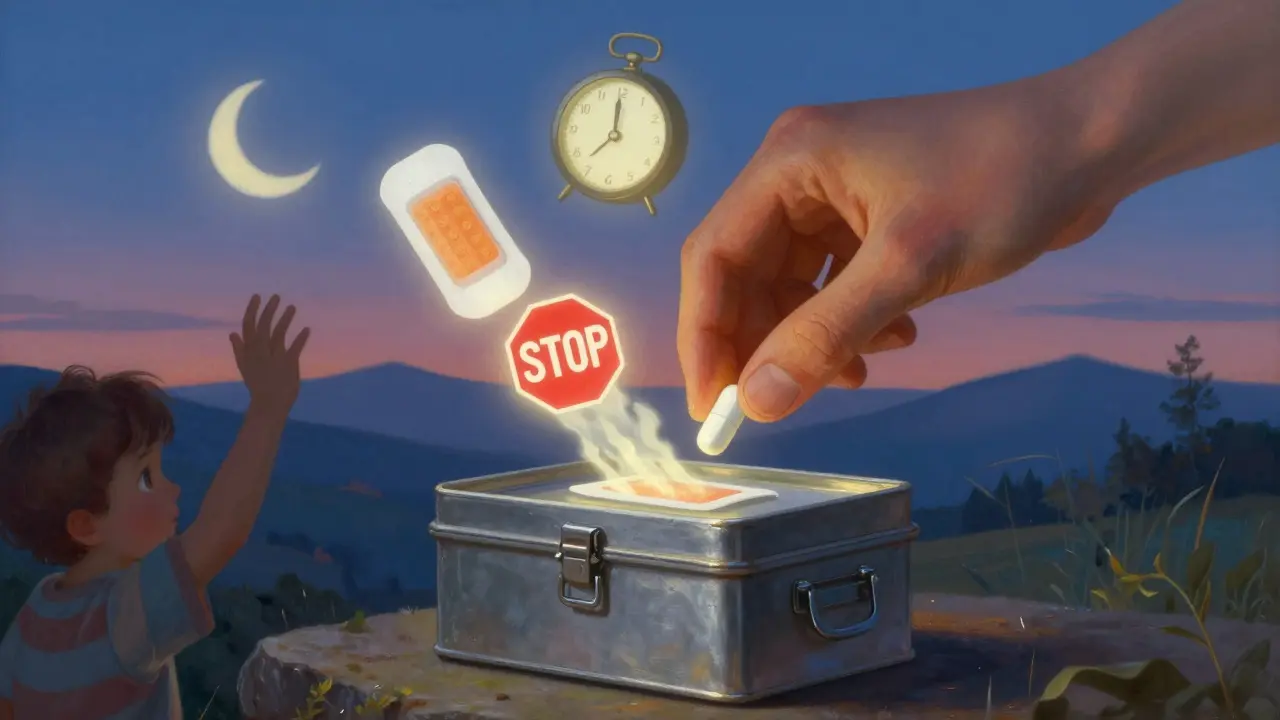 A hand placing a pill into a locked box, surrounded by symbolic icons of danger and protection.