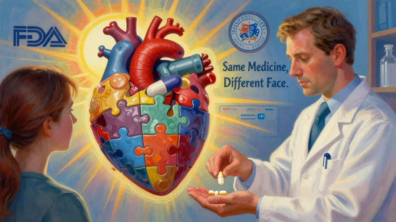 A heart made of varied generic pills fits together under a sunrise, with a pharmacist handing a labeled pill to a patient.