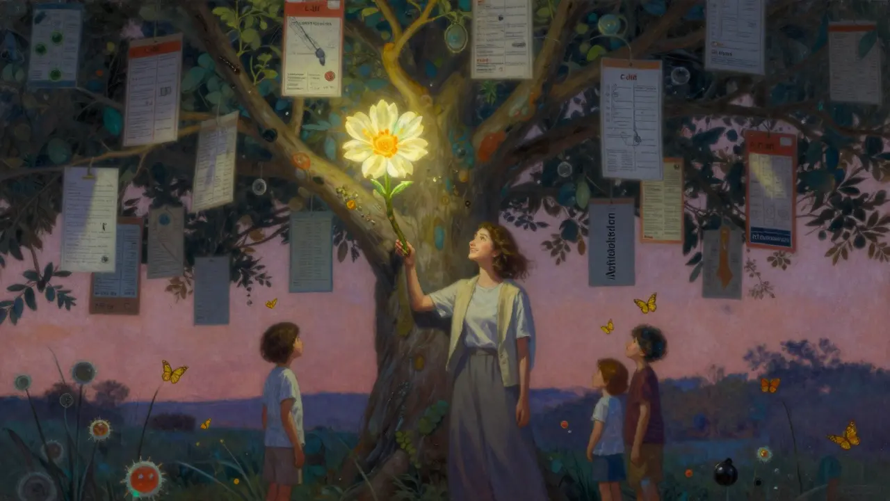 A medical family tree with a glowing penicillin flower, while other branches wither under antibiotic resistance labels.