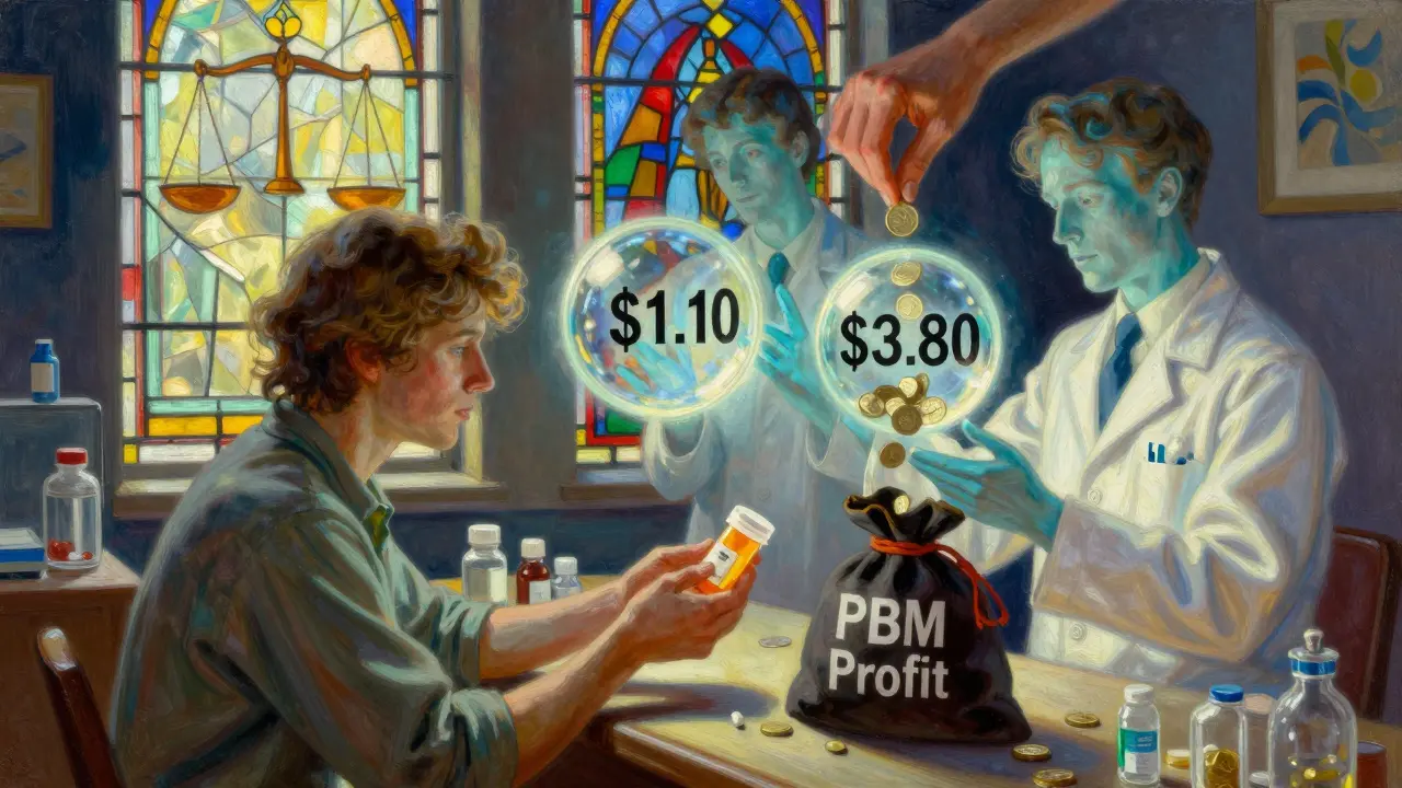 A patient receives medication as two glowing drug versions float beside them, one cheap, one expensive, with a hidden hand taking profit.