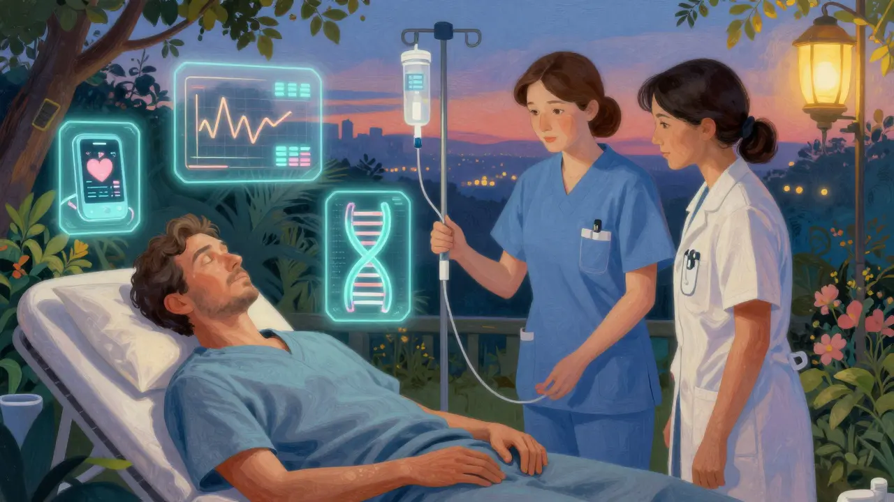 A patient receiving therapy with glowing holograms of medical icons, surrounded by a nurse and navigator in a twilight garden.
