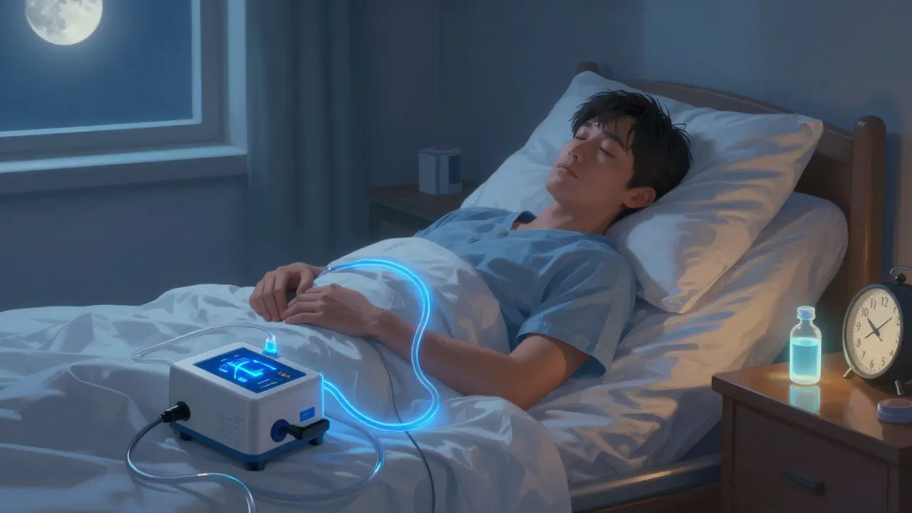 A patient sleeping peacefully with an automated dialysis cycler glowing softly in a moonlit bedroom.