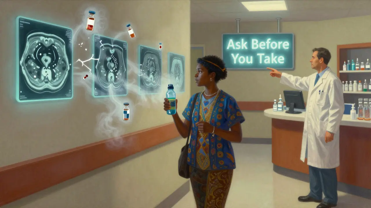 A patient walks past dissolving medical icons, guided by a pharmacist toward a glowing 'Ask Before You Take' sign.