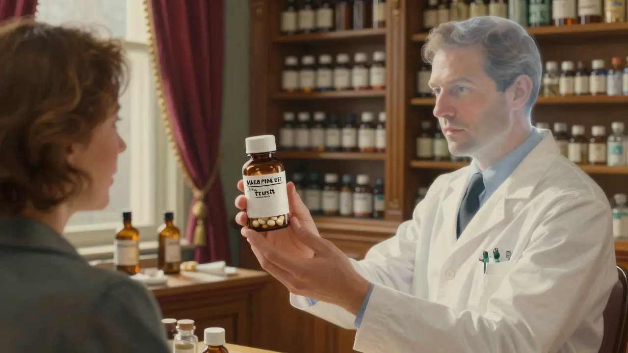A pharmacist handing a generic bottle to a patient, with a transparent branded bottle floating beside them.