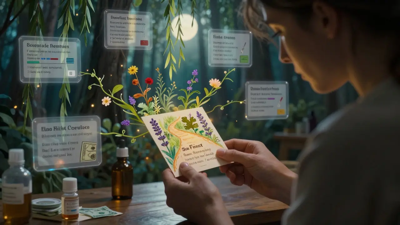 A pharmacist offers a recovery resource card to a patient amid floating healing symbols.