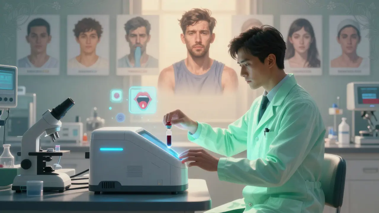 A pharmacist using a glowing device to test blood, while patient portraits fade from health to illness.