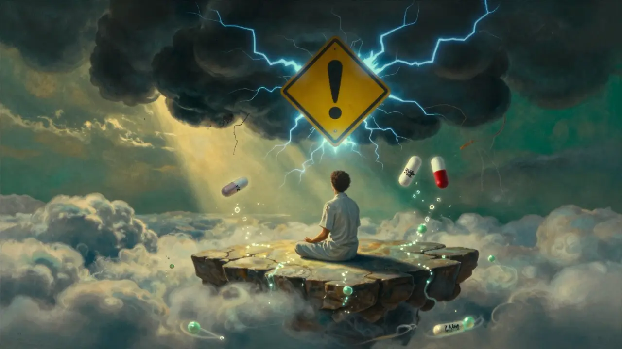 A serene figure surrounded by neurotransmitters faces a threatening storm cloud symbolizing serotonin syndrome from drug interaction.